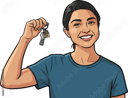 Young mixed race woman proud homeowner showing keys of flat vector cartoon illustration