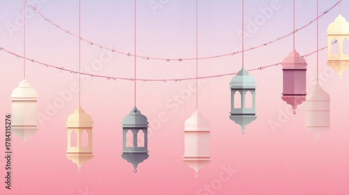 Ramadan Illustration with Colorful Lanterns, Hanging Lights on Gradient Pink Background, Ideal for Wallpaper, Poster, Banner and Festive Decoration Design