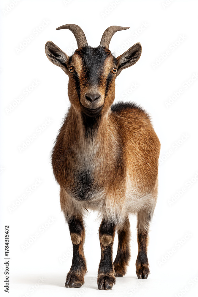 Fototapeta premium Full body of a tan goat with horns standing on a white background, goat standing full body view isolated on a transparent background animal farm animal