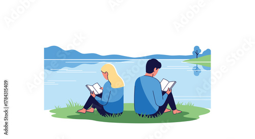 Young couple reading books by the serene lakeside in summer, enjoying a moment of peace and relaxation together