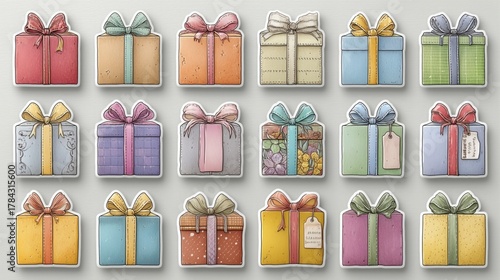 Christmas Illustration with Colorful Hand-Drawn Gift Boxes on Light Gray Background, Ideal for Wallpaper, Poster, Banner and Festive Celebration Design