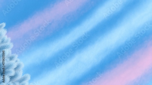 Winter Christmas Illustration with White Pine Branches and Pastel Blue Pink Sky, Ideal for Wallpaper, Poster, Banner and Festive Decoration Design