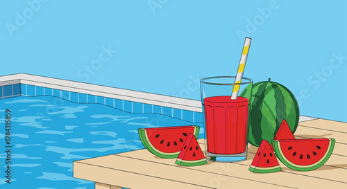 Enjoy refreshing watermelon juice poolside for a vibrant summer vibe, perfect for healthy lifestyle and vacation ads
