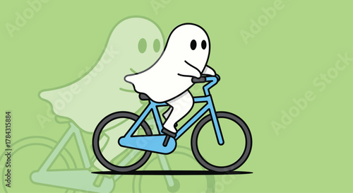 Spooky fun ghost rides bike on green background for Halloween design projects and playful kid's illustrations
