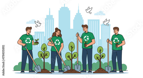 Inspiring team plants trees for a greener future with city skyline backdrop and birds flying, promoting sustainability