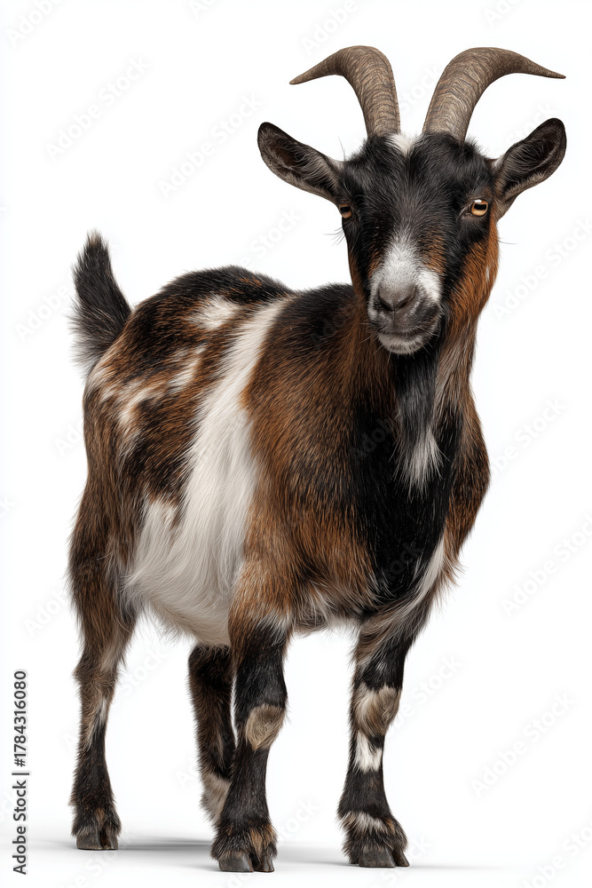Fototapeta premium Full body of a tan goat with horns standing on a white background, goat standing full body view isolated on a transparent background animal farm animal