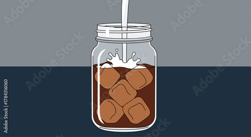 Iced coffee in jar with milk splash perfect for summer refreshment and cool vibes in a modern lifestyle setting