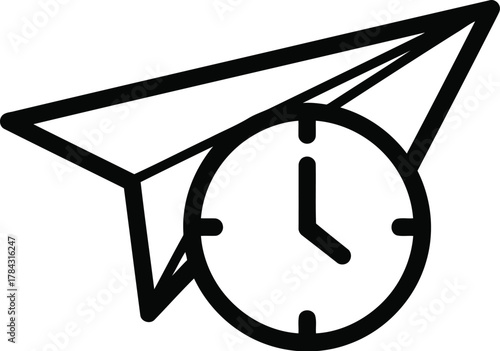 Paper plane with clock isolated on transparent background for timely delivery