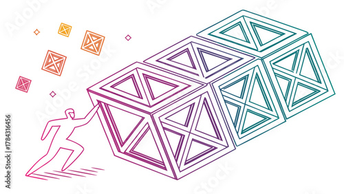 A determined person pushes a large, interconnected geometric structure forward, symbolizing effort, progress, and overcoming challenges with innovation