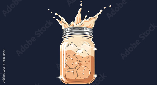 Refreshing iced coffee splashing out of a mason jar creates a vibrant, cool energy perfect for summer ads