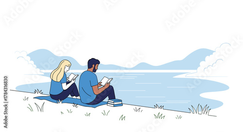 Relaxing outdoors reading books by the lake, couple enjoying nature and quiet time together for a peaceful lifestyle break