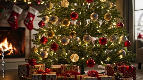 A decorated tree with ornaments, lights and gifts sits near a lit fireplace. Christmas stockings hang above