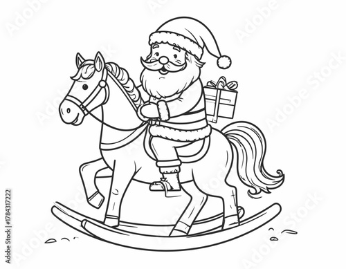 Santa Claus on Rocking Horse Coloring Page for Christmas.