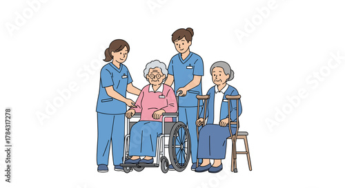 Kind nurses caring for elderly women in wheelchair and with crutches offering support and companionship in assisted living