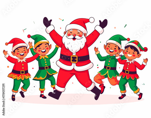 Festive Santa Claus and Elves Celebrating Christmas with Joy.