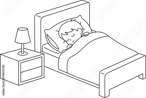 Child sleeping in bed, peaceful bedroom scene, cozy blanket, pillow rest, black and white drawing, nightstand lamp, calm sleep illustration