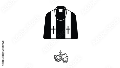 Black and white graphic of a priest's robe and downward arrow pointing to a stack of money and coins donation