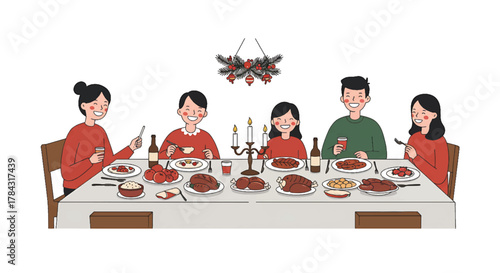 Joyful family gathering celebrating the holidays with a festive dinner table and happy people enjoying a meal together during a special occasion