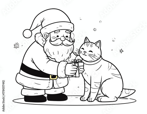 Santa Claus Giving a Gift to a Cat Coloring Page.