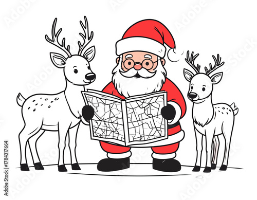 Santa Claus Navigating with Reindeer - Christmas Coloring Page.