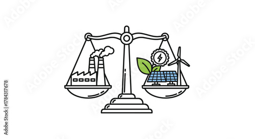 Balancing industry impact with renewable energy solutions for sustainable future with vibrant solar panel and windmill illustration