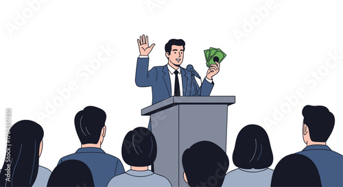 Confident businessman holding money while speaking to a crowd at a conference with a microphone on the podium