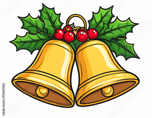 Festive Christmas Bells with Holly and Berries Illustration.