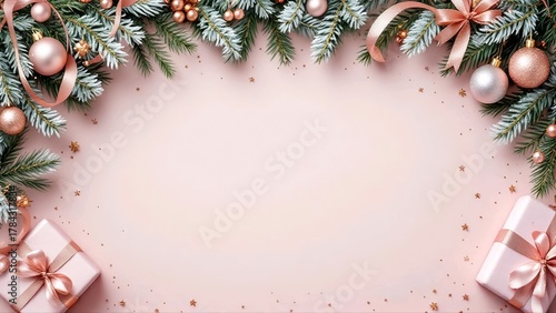 Pink festive Christmas frame with rose gold ornaments and blush paper texture background