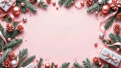 Pink festive Christmas frame with rose gold ornaments and blush paper texture background