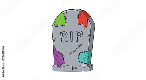 Spooky tombstone with colorful patches for Halloween projects and scary designs, RIP illustration, perfect for party invites