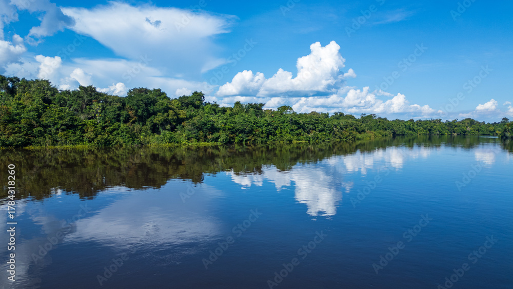 Naklejka premium Aerial view of the Amazonian rivers of the Peruvian rainforest, a drone view of the Amazon rainforest surrounded by water, the Nanay River surrounded by rainforests in the Peruvian Amazon