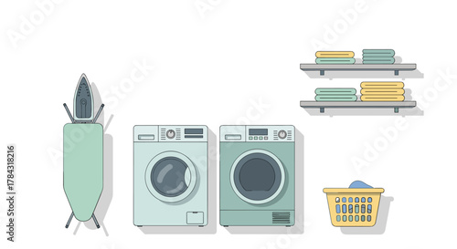 Charming laundry room with pastel washer, dryer, ironing board and towels for a delightful clean and fresh feeling