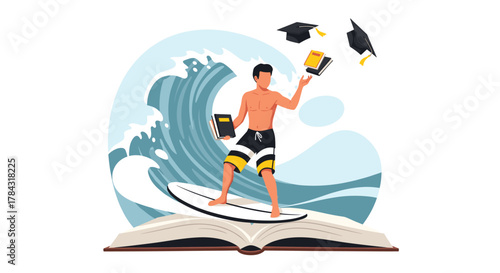 Graduate riding wave of knowledge towards bright future, juggling books in graduation season celebration on open book
