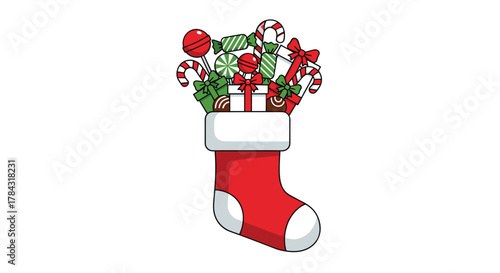 Festive Christmas stocking overflowing with sweet candy canes, wrapped gifts, and colorful treats for holiday joy
