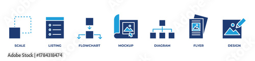 Creative Design ProcessIcons set vector illustration blue with Scale, Listing, Flowchart, Mockup, Diagram, Flyer, Design