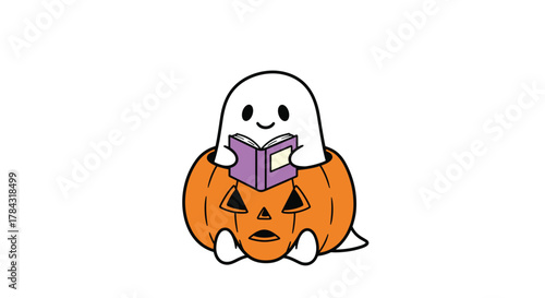 Spooky season reading fun with a cute ghost enjoying a book on a playful jack-o'-lantern perfect for kids