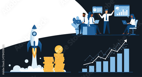 Ignite business growth with team collaboration, tracking progress, and financial success, rocket launch to the top