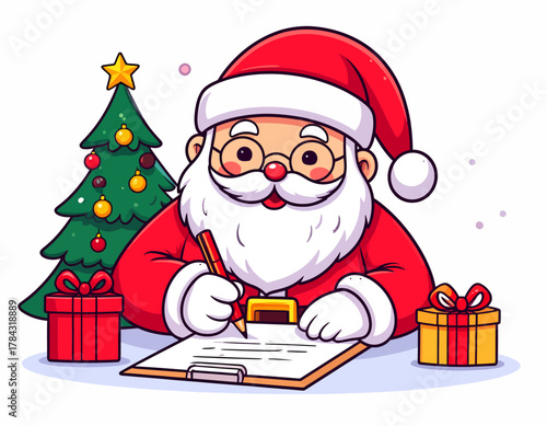 Santa Claus Writing Christmas List with Tree and Gifts.