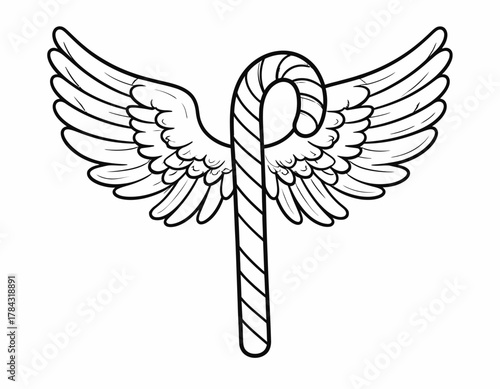 Whimsical Candy Cane with Angel Wings Illustration.