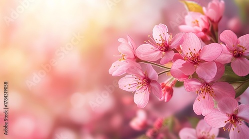 Close up view of blossoming pink cherry tree flowers in spring, delicate floral banner background