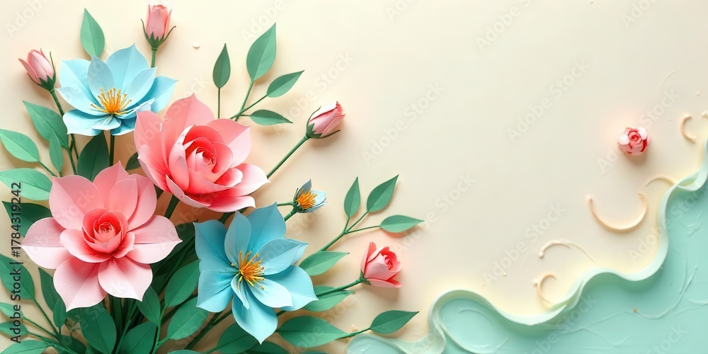 Obraz premium Delicate Paper Flowers Arrangement on Pastel Background An Artistic Floral Composition Featuring Soft Pink and Light Blue Blooms, Intricate Leaf Details, and a Whimsical Wave Design