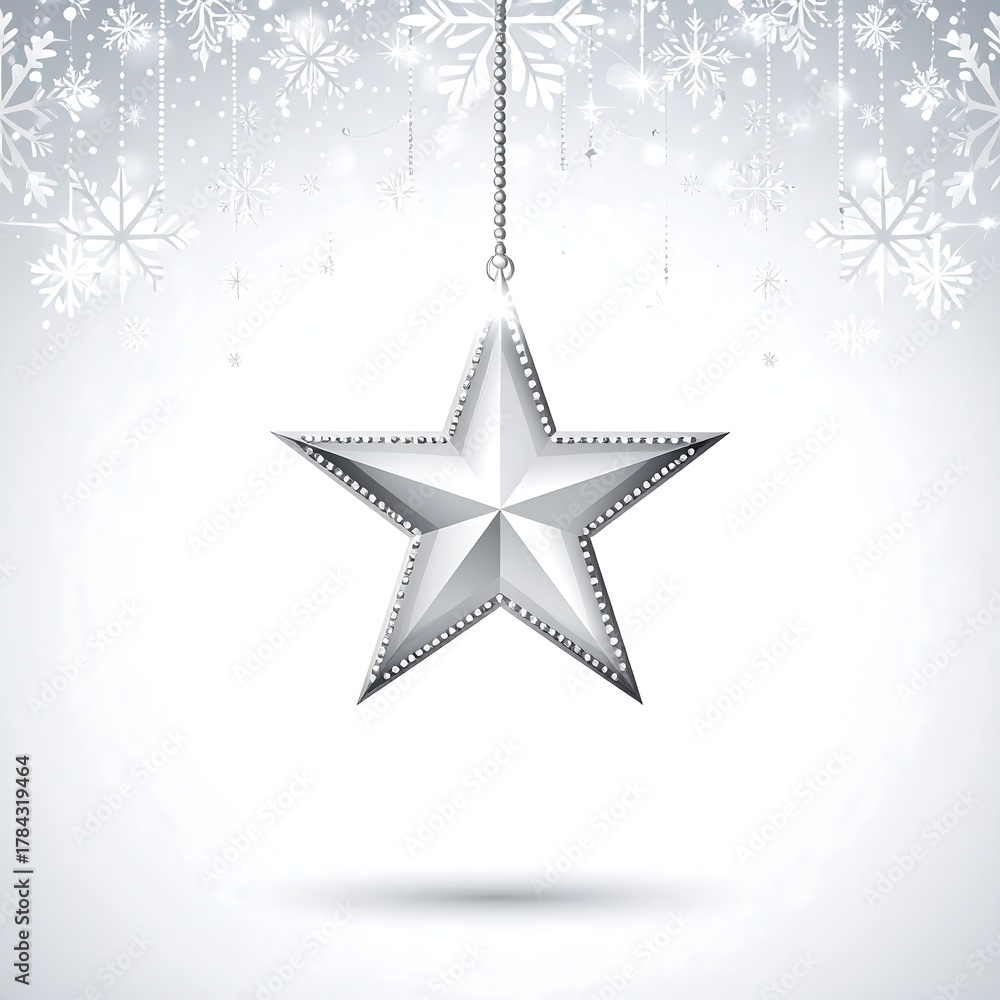 Fototapeta premium A silver, five-pointed star hangs from a chain against a background of gently falling snowflakes and sparkling lights. The design evokes festive joy