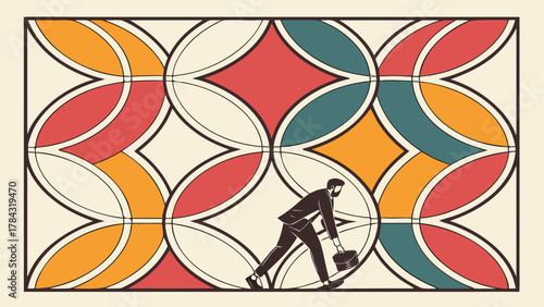 A businessman walks with a briefcase against a backdrop of colorful, interconnected circles, representing complexity and the challenges of modern business