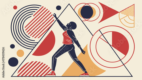 A dynamic illustration of a person in motion, set against a backdrop of geometric shapes and bold lines, creating a sense of energy and focus