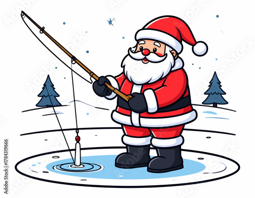 Santa Claus Ice Fishing Cartoon Illustration for Christmas.