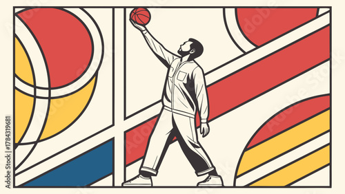 A basketball player in a dynamic pose, ready to shoot, set against a vibrant, geometric background with red, yellow, and blue elements