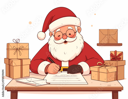 Santa Claus Checking His List with Gifts Around Him.