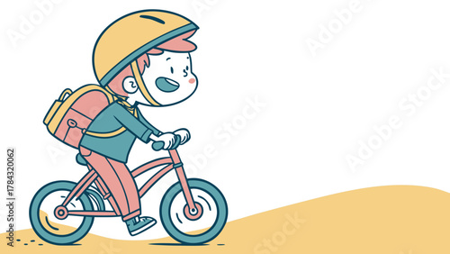 A happy young boy with a backpack rides his bicycle on a sandy path, wearing a helmet and a jacket, against a bright and inviting background