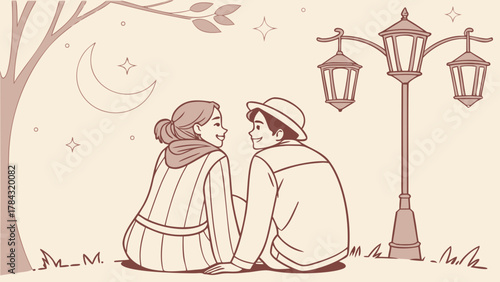 A charming illustration depicts a young couple sitting together under a starlit night sky, sharing a tender moment illuminated by a vintage street lamp
