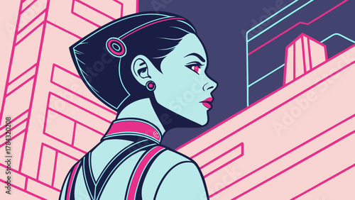 A futuristic woman with short hair and a red earring stands in profile against a backdrop of pink and blue buildings, creating a stylish, modern look